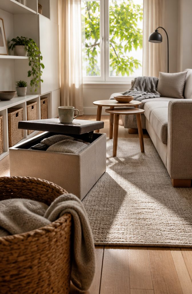 Open upholstered ottoman with stored throws beside nested side tables