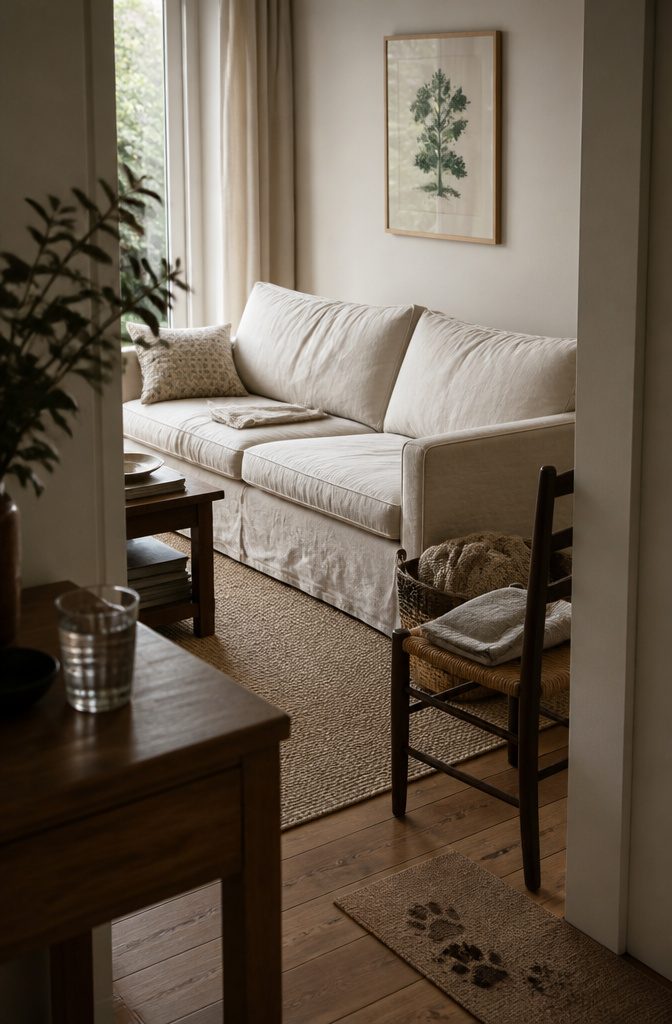 Pale sofa with removable cushion covers and a folded cover on a chair