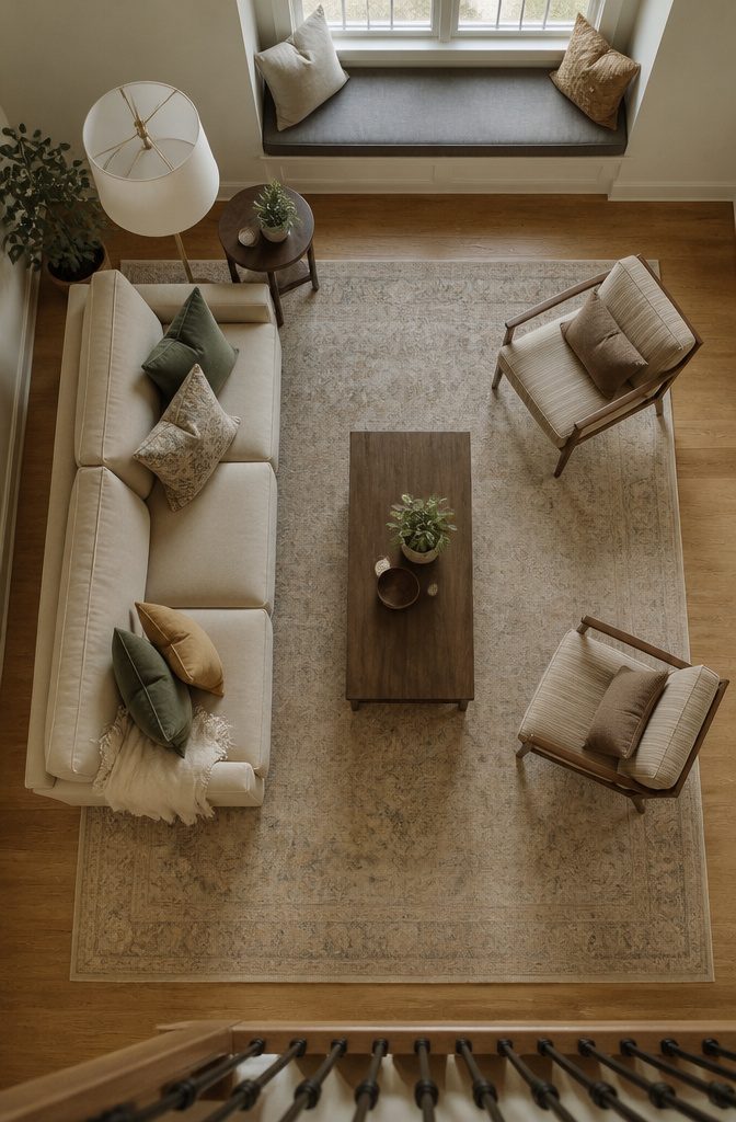 Large area rug extending beyond a sofa beneath the front legs of chairs