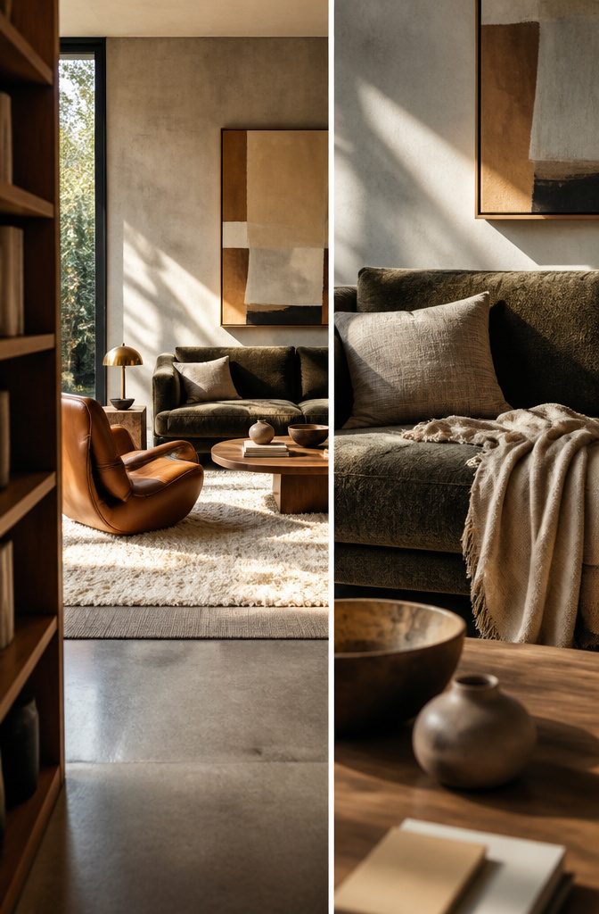 Living room with linen upholstery, woven rug, brass accents, and plush sofa