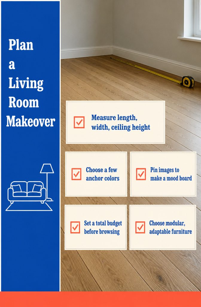 Living room planning board with measurements, color swatches, and furniture ideas