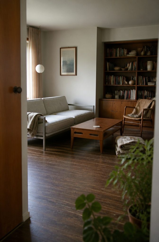 Modern sofa paired with a vintage coffee table in a living room