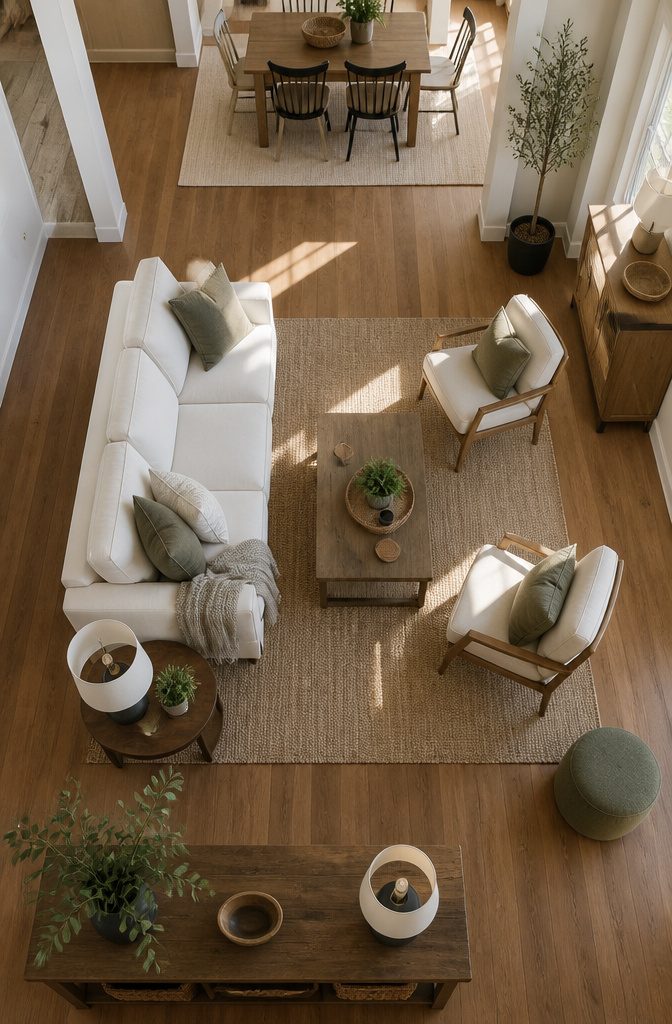 Living room seating arranged for conversation with an open walkway