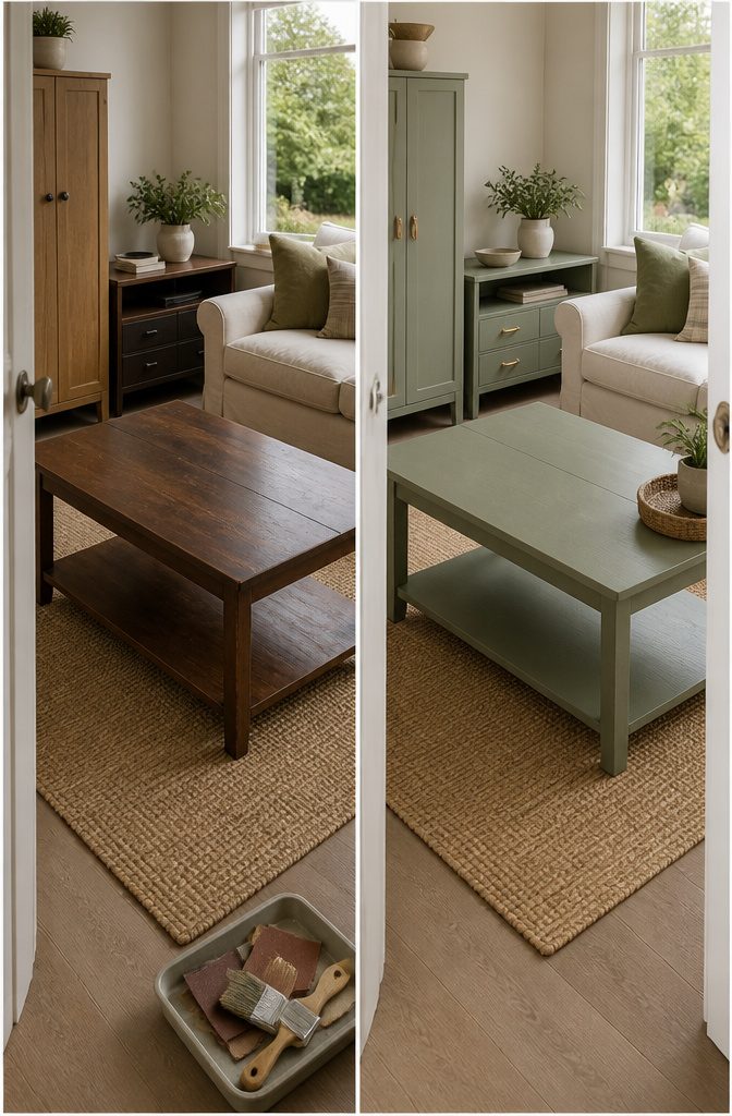 Updated coffee table and cabinet with fresh paint and replacement hardware