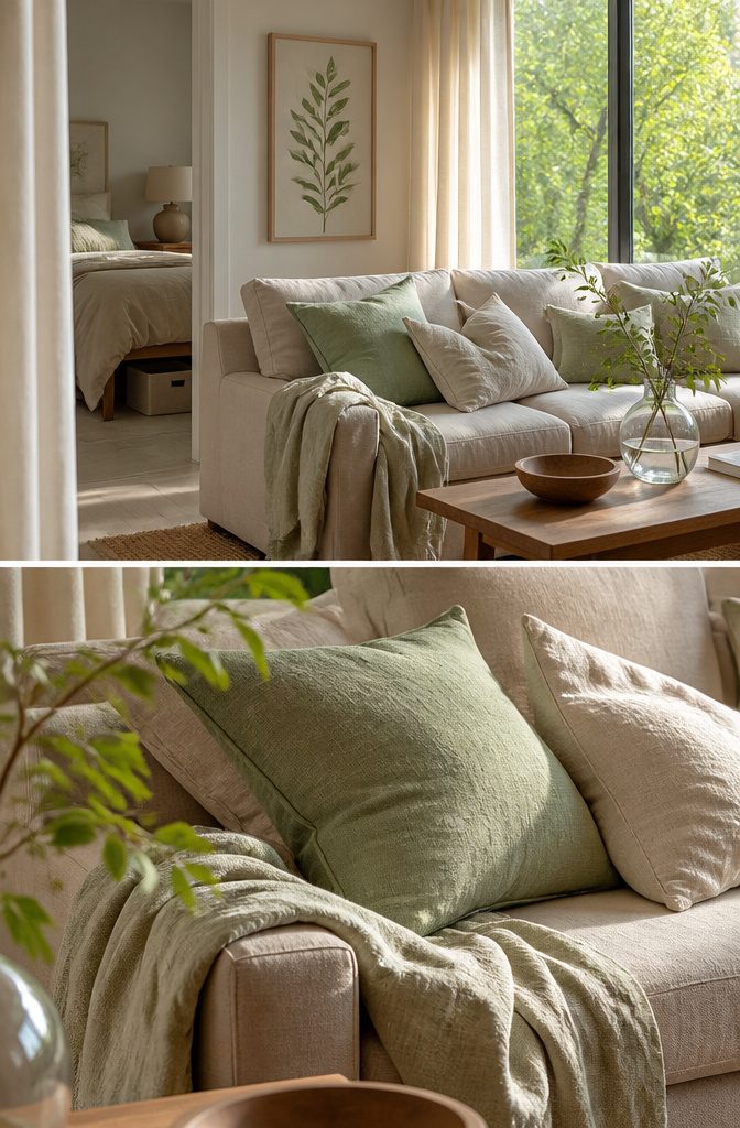 Living room sofa dressed with soft green and cream cushions and a linen throw
