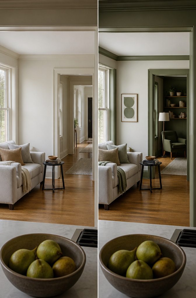 Living room furnishings and walls arranged in a coordinated color palette