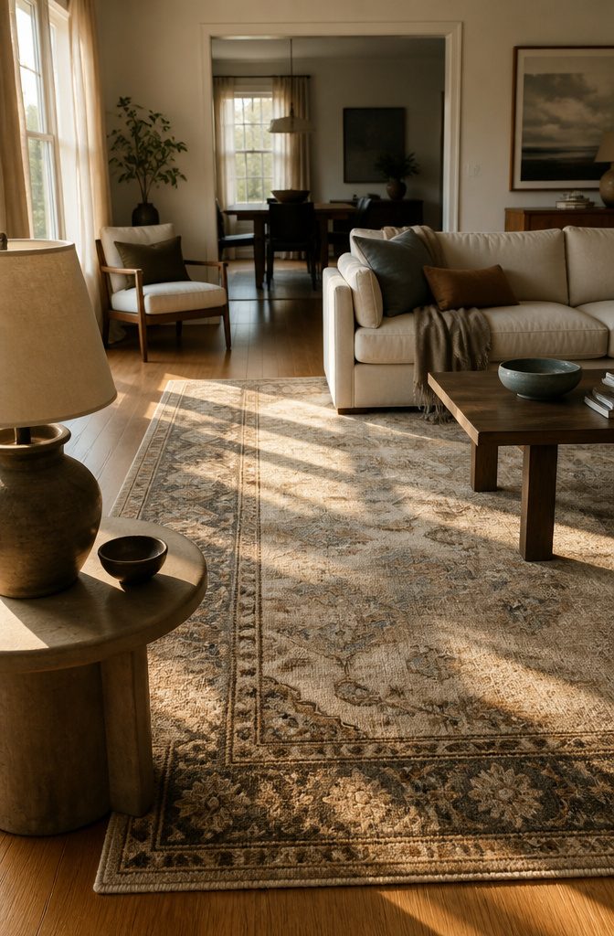 Large living room sofa arranged beside a well-proportioned area rug