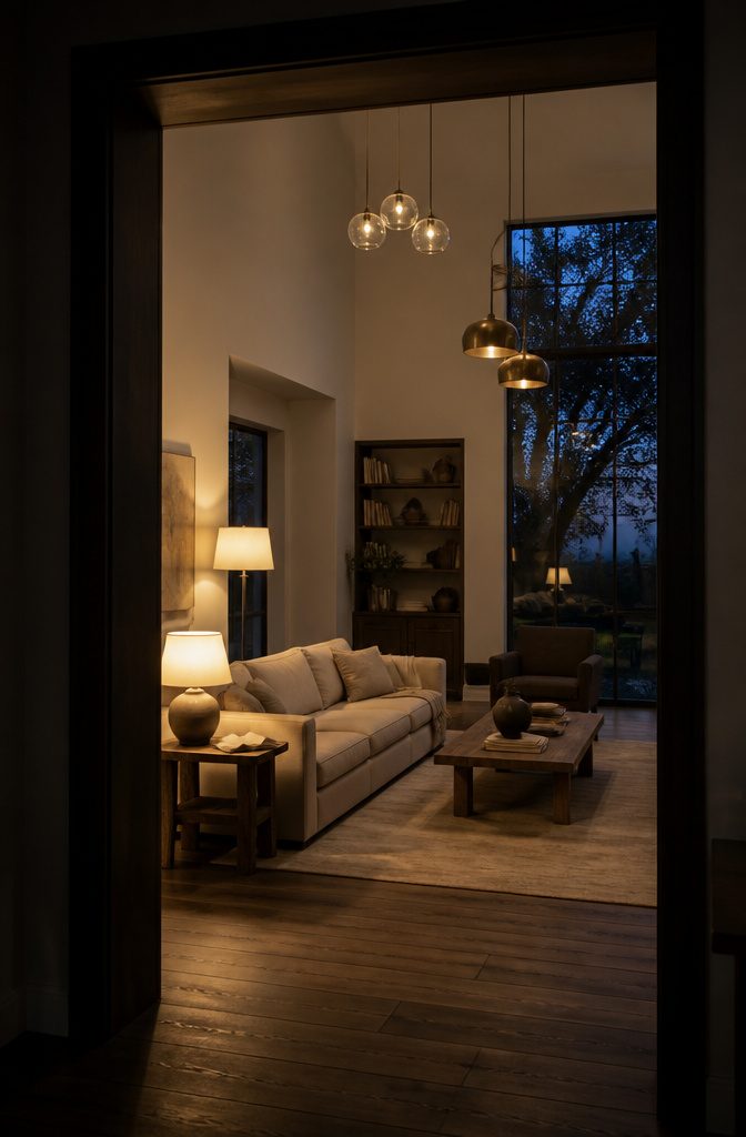Living room with a floor lamp behind the sofa and a table lamp nearby