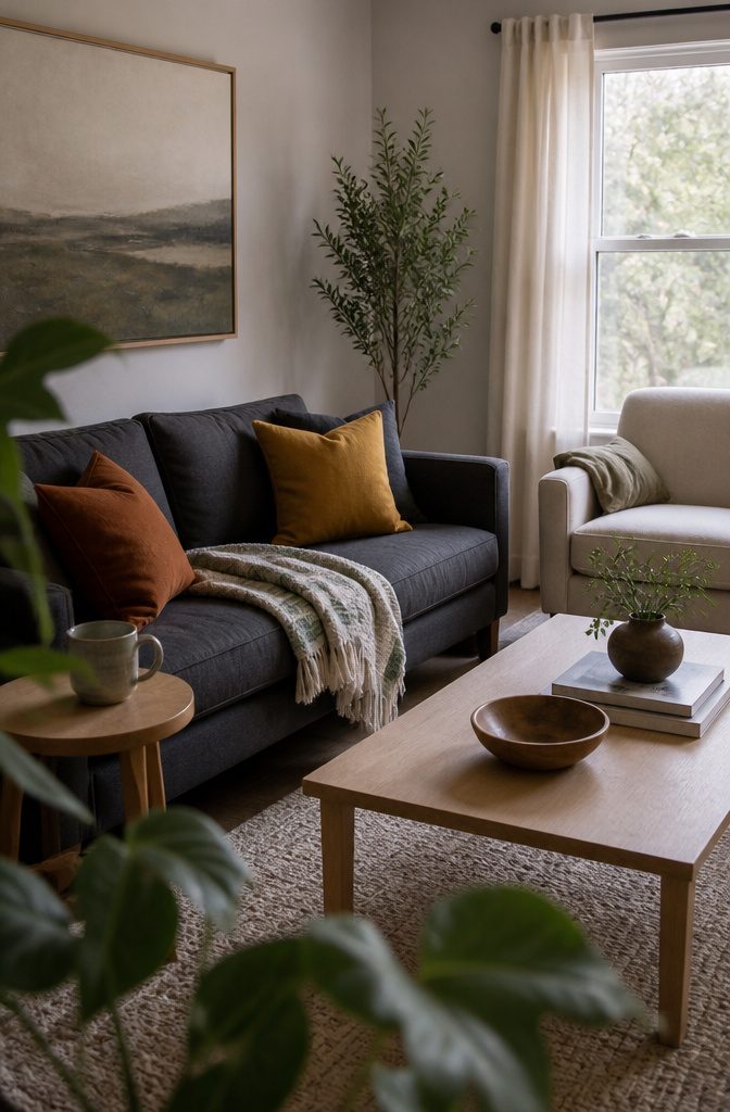 Charcoal sofa with rust and mustard pillows and a leafy foreground plant