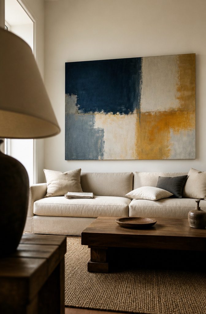 Large colorful artwork hanging above a living room sofa