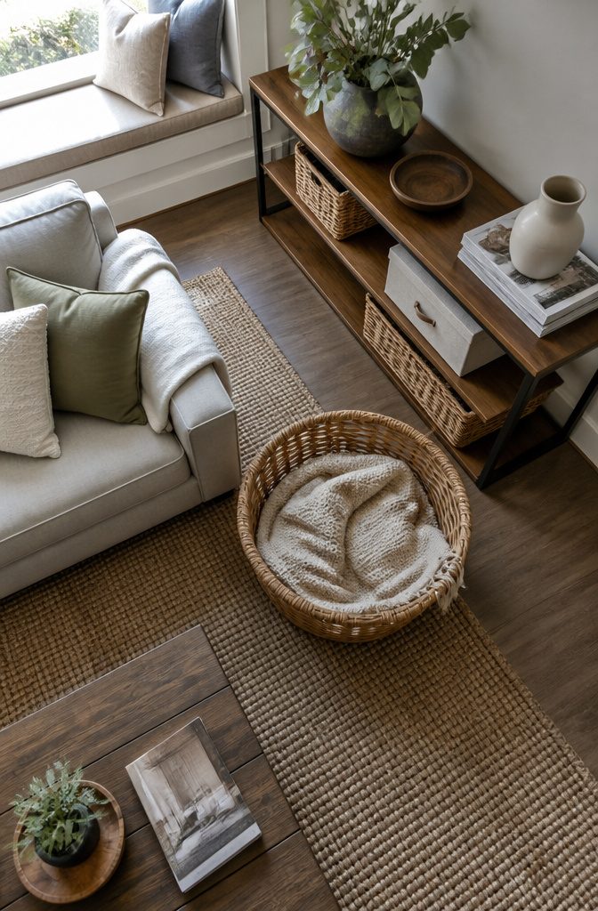 Woven floor basket beside a sofa holding a folded throw blanket