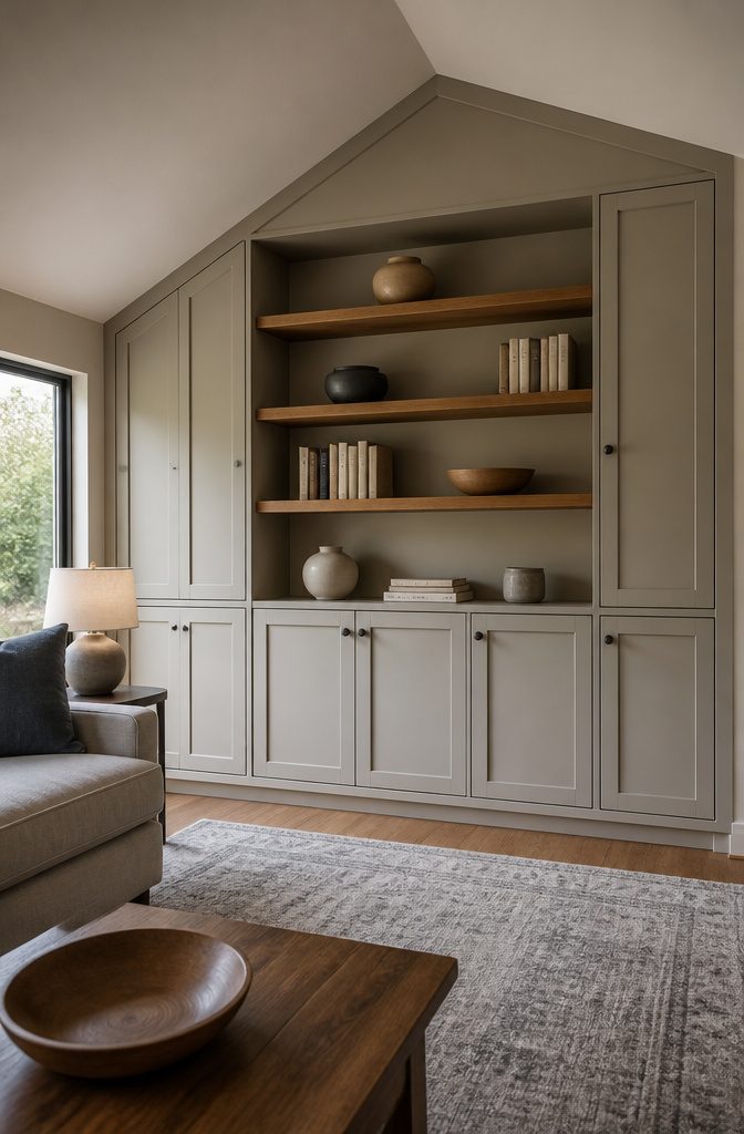 Built-in living room shelves beside closed cabinet doors in an alcove
