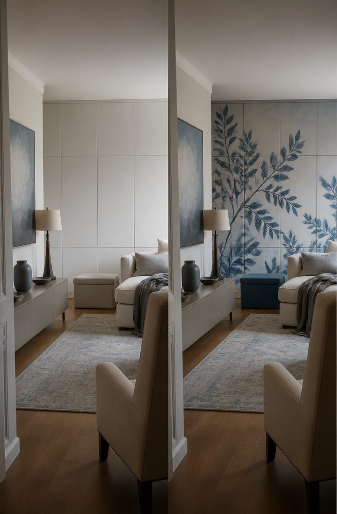 Blue painted mural across concealed cabinet doors in a living room