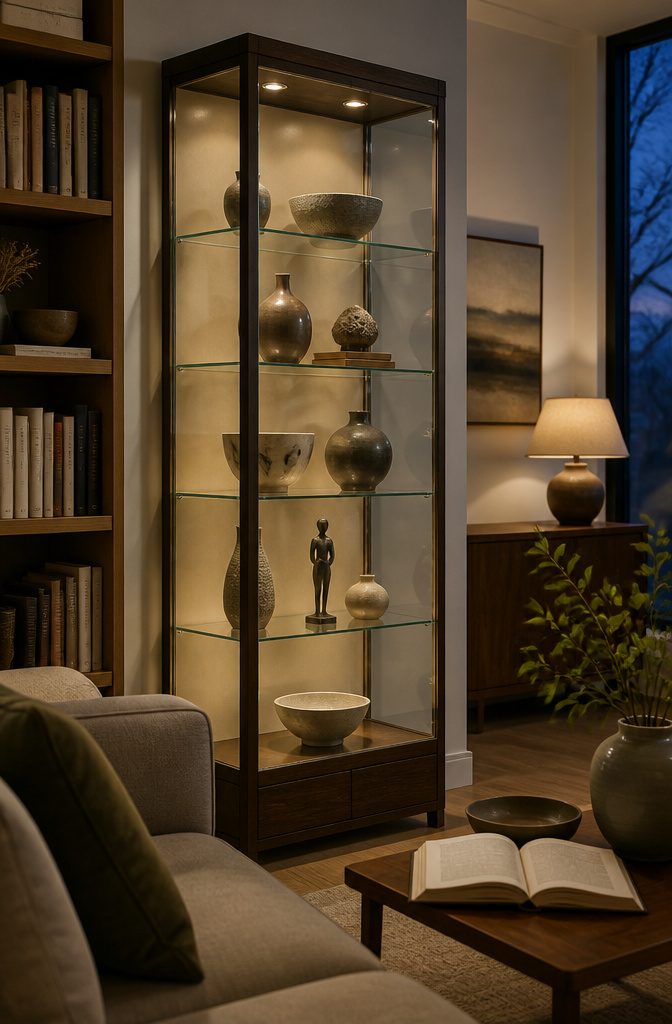 Glass-front cabinet displaying ceramics on adjustable shelves