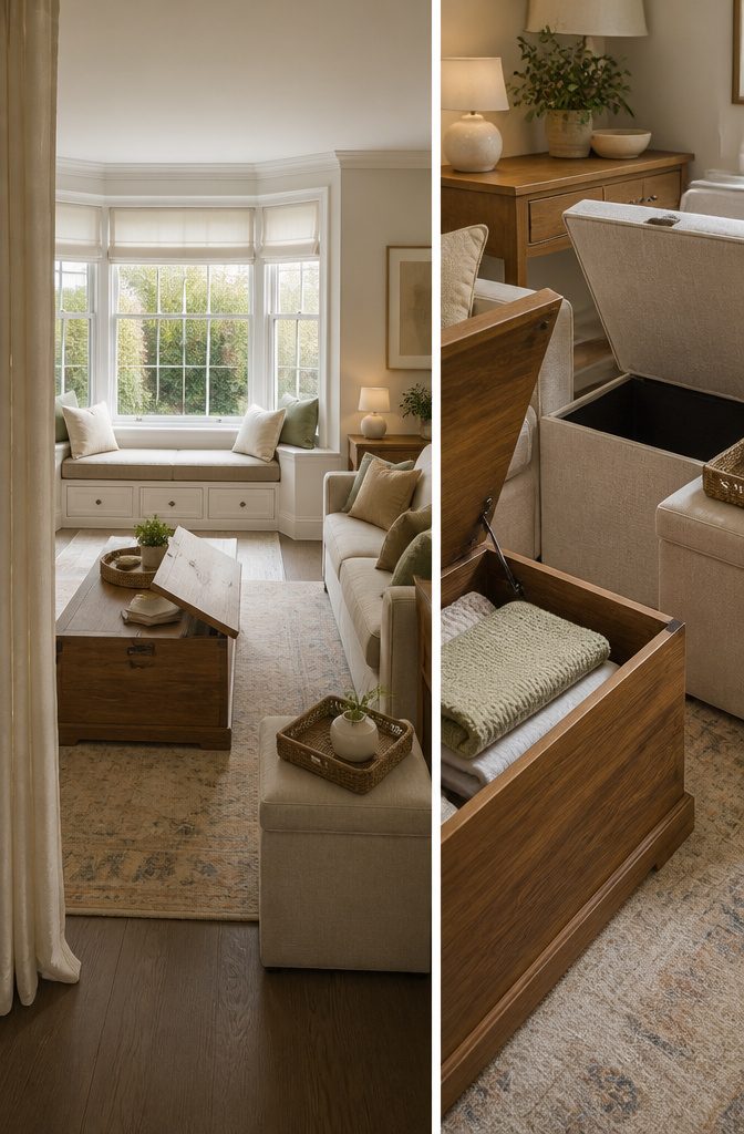 Living room chest used as a coffee table beside a sofa