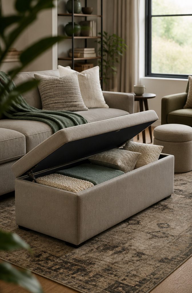 Upholstered ottoman with a hinged top beside a living room sofa