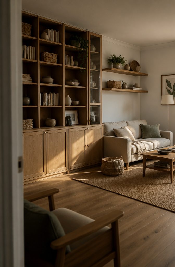Living room wall with open shelves holding books and baskets