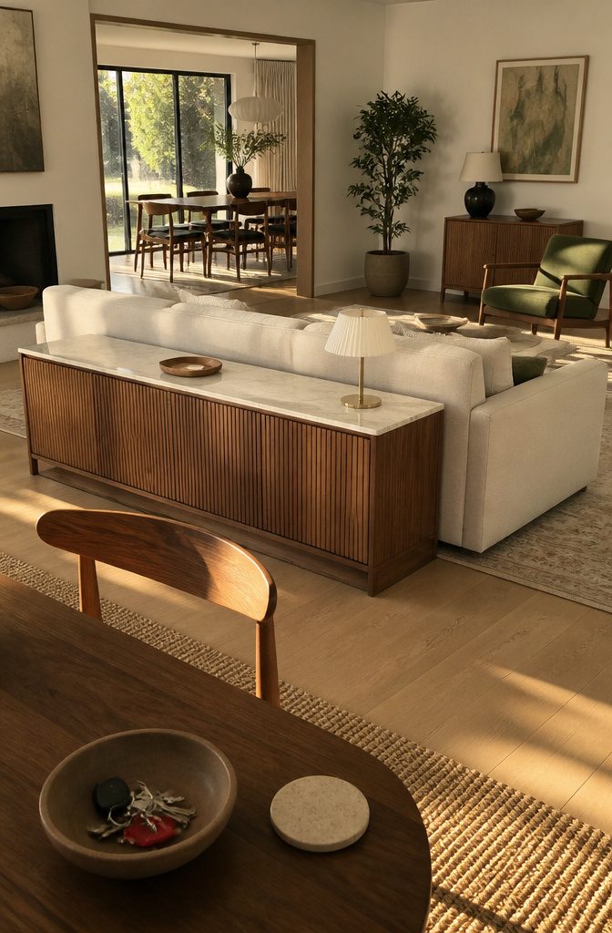 Sideboard behind a sofa with a clear walking path through the room
