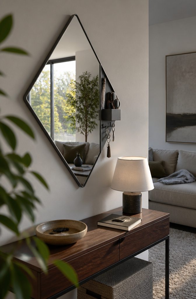Diamond-shaped mirrored cabinet with side hooks and a narrow attached container