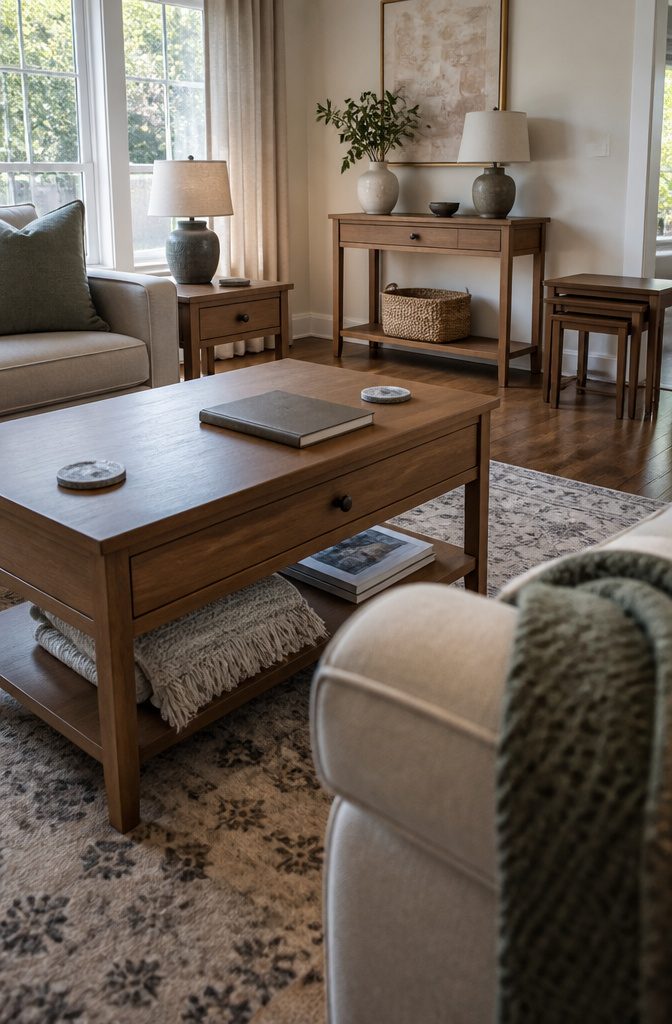 Wood coffee table with a front drawer and folded throw on its lower shelf