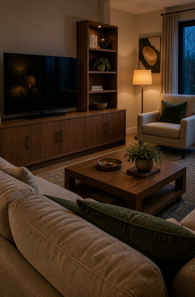 Low wood media console with cabinet doors and books beneath a television