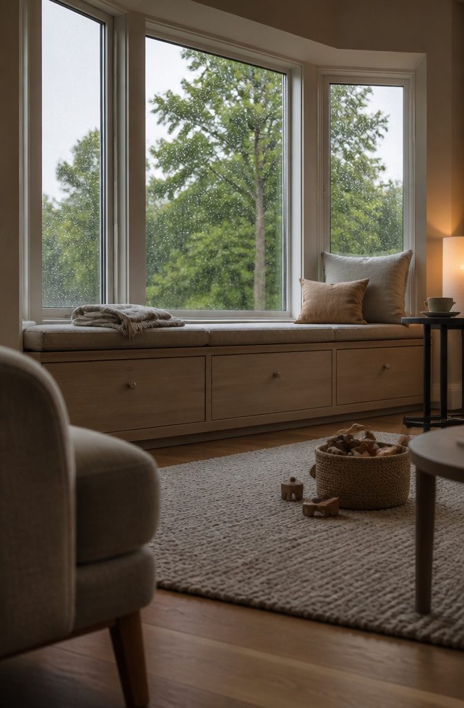 Built-in bay window bench with a lift-up seat