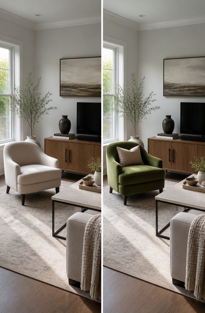 Accent chair positioned beside living room seating with open floor space