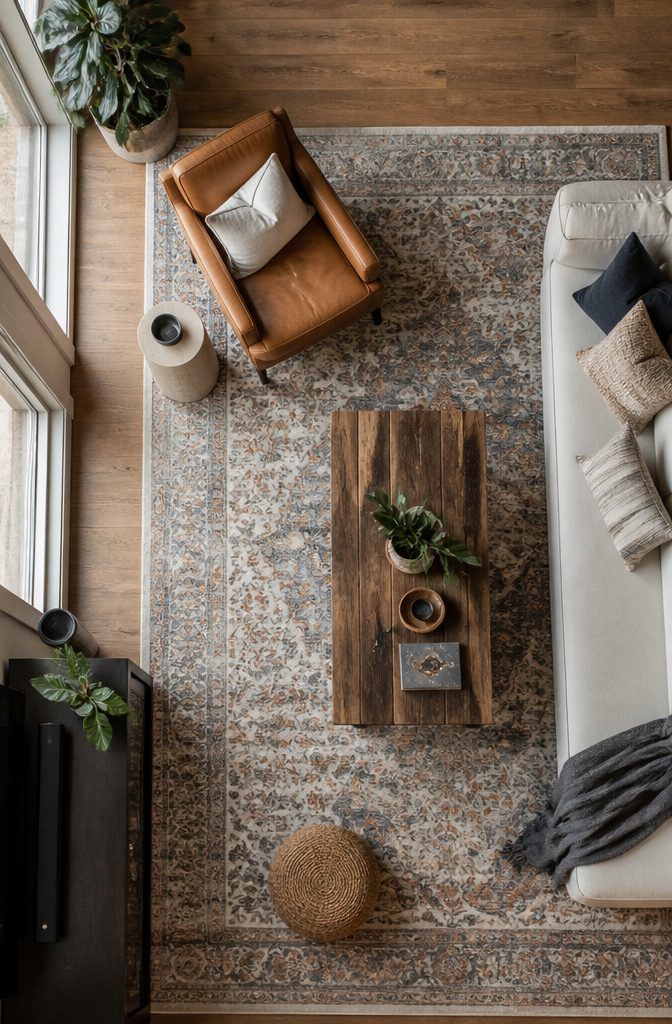 Accent chair turned toward a sofa across a coffee table