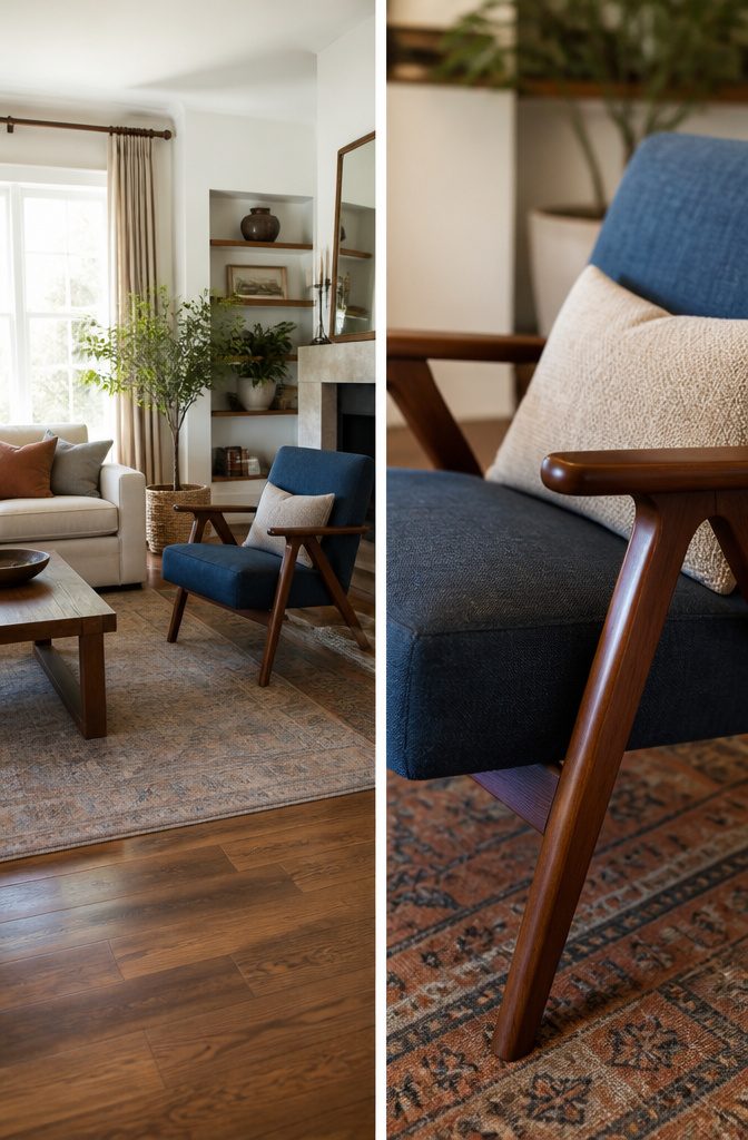 Accent chair with different upholstery beside a sofa and patterned rug