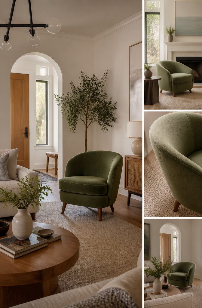 Accent chair angled beside a side table with a lamp and plant