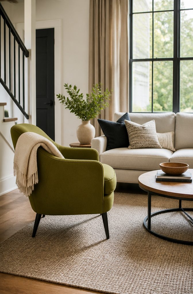 Accent chair beside a sofa with coordinated colors and contrasting textures