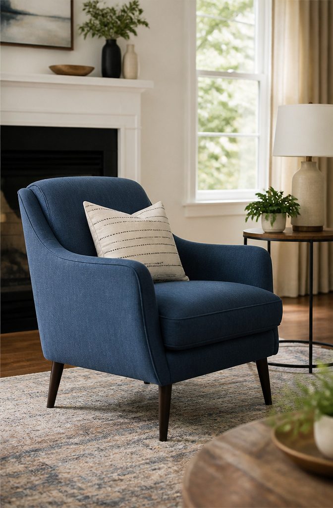 Accent chair set among sofas and other furnishings in a living room