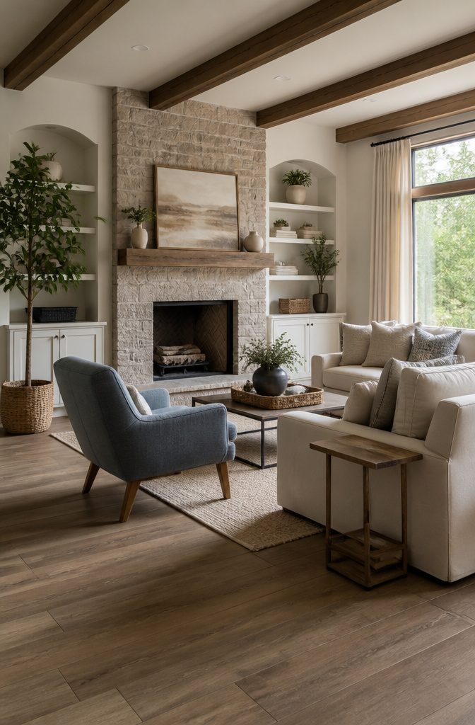 Accent chair set away from the wall beside a sofa on a rug