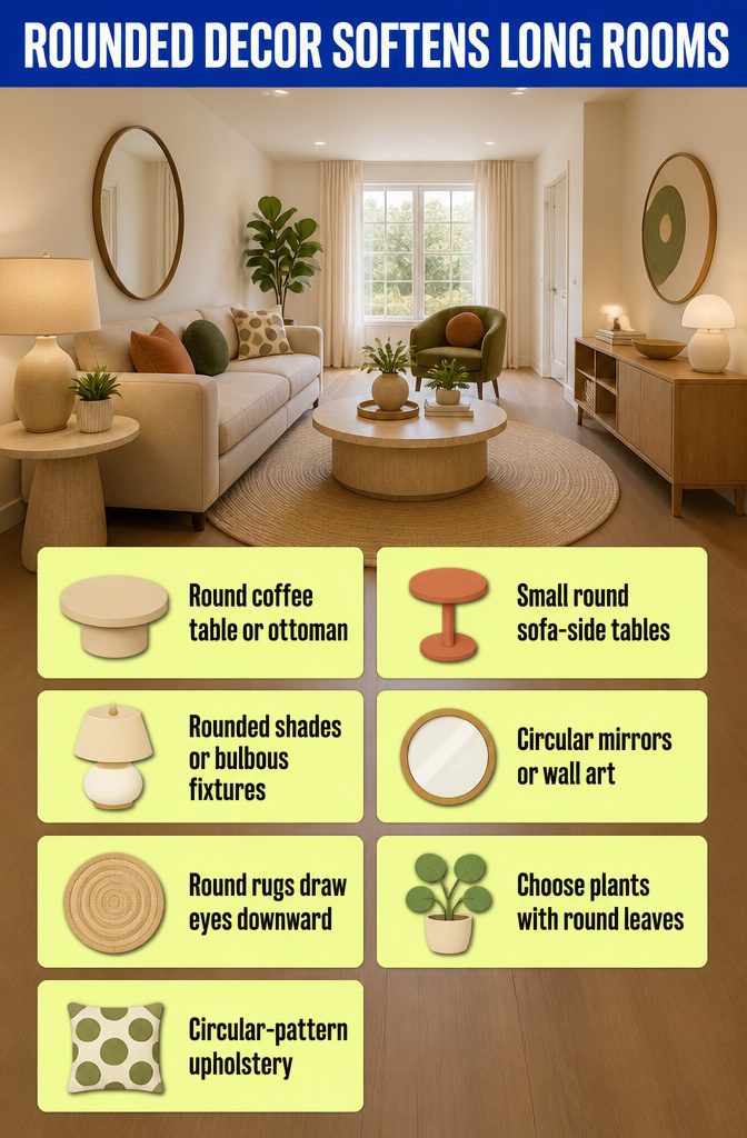 Living room with a round coffee table, circular mirror and glass accents