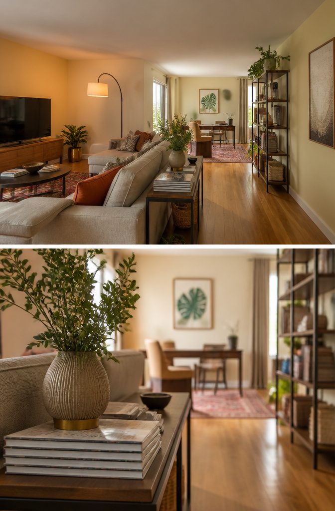 Long living room with an L-shaped sectional facing a TV and a desk at the far end