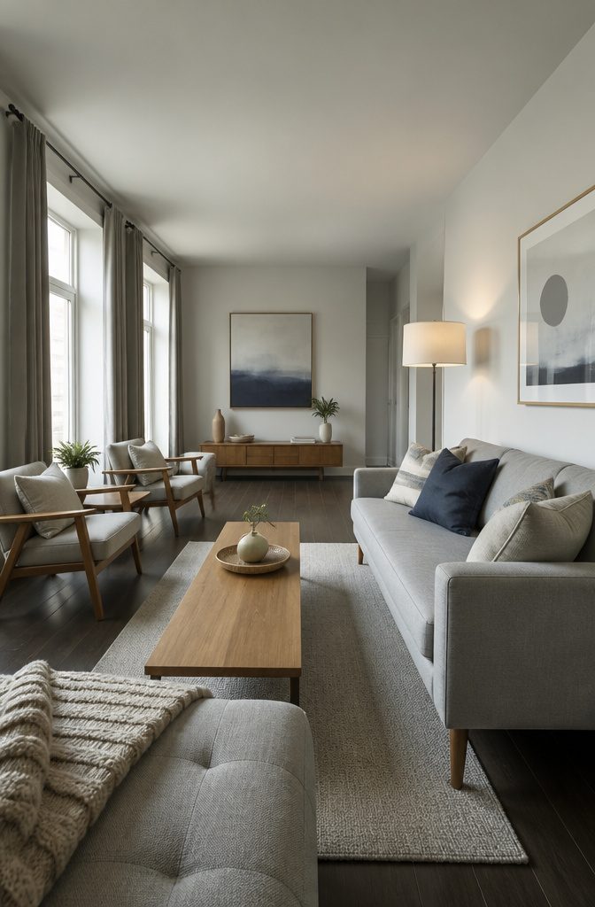 Narrow living room furnished with a low sofa and slim coffee table