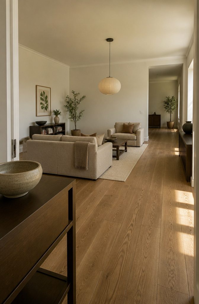 Long living room with a floating sofa facing a pair of chairs