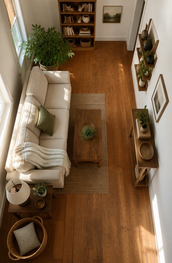 Living room seating arranged beside an open walking path