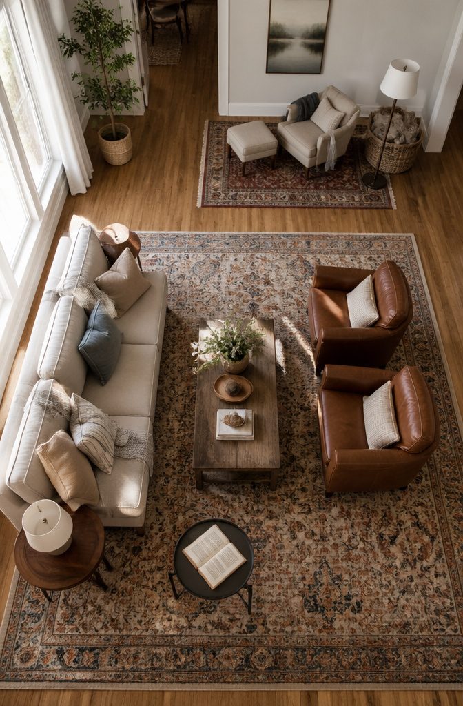 Living room sofa and chairs grouped around a rectangular area rug