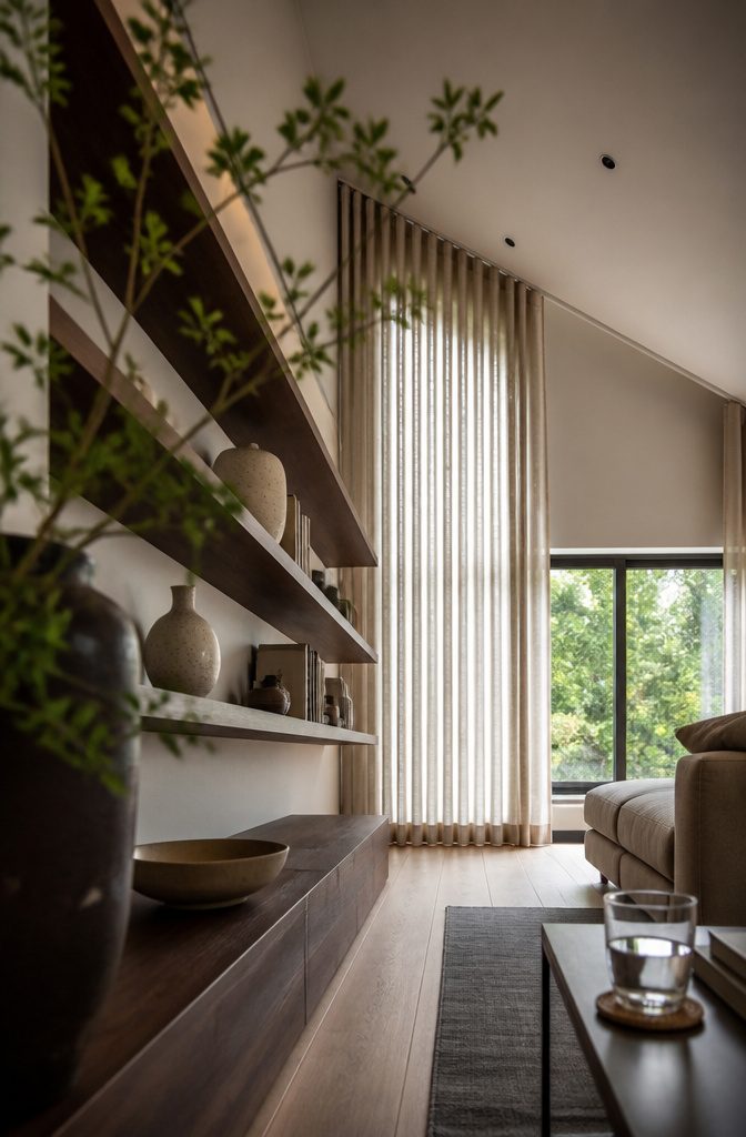 Long living room with wall shelves and low seating along an open sightline