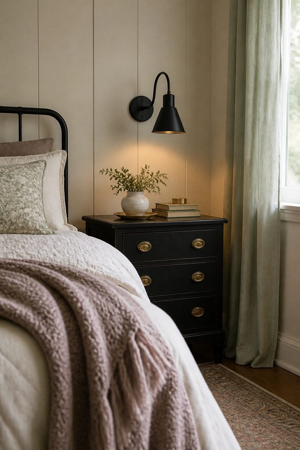 A black wall sconce next to a vintage nightstand in a softly lit room.