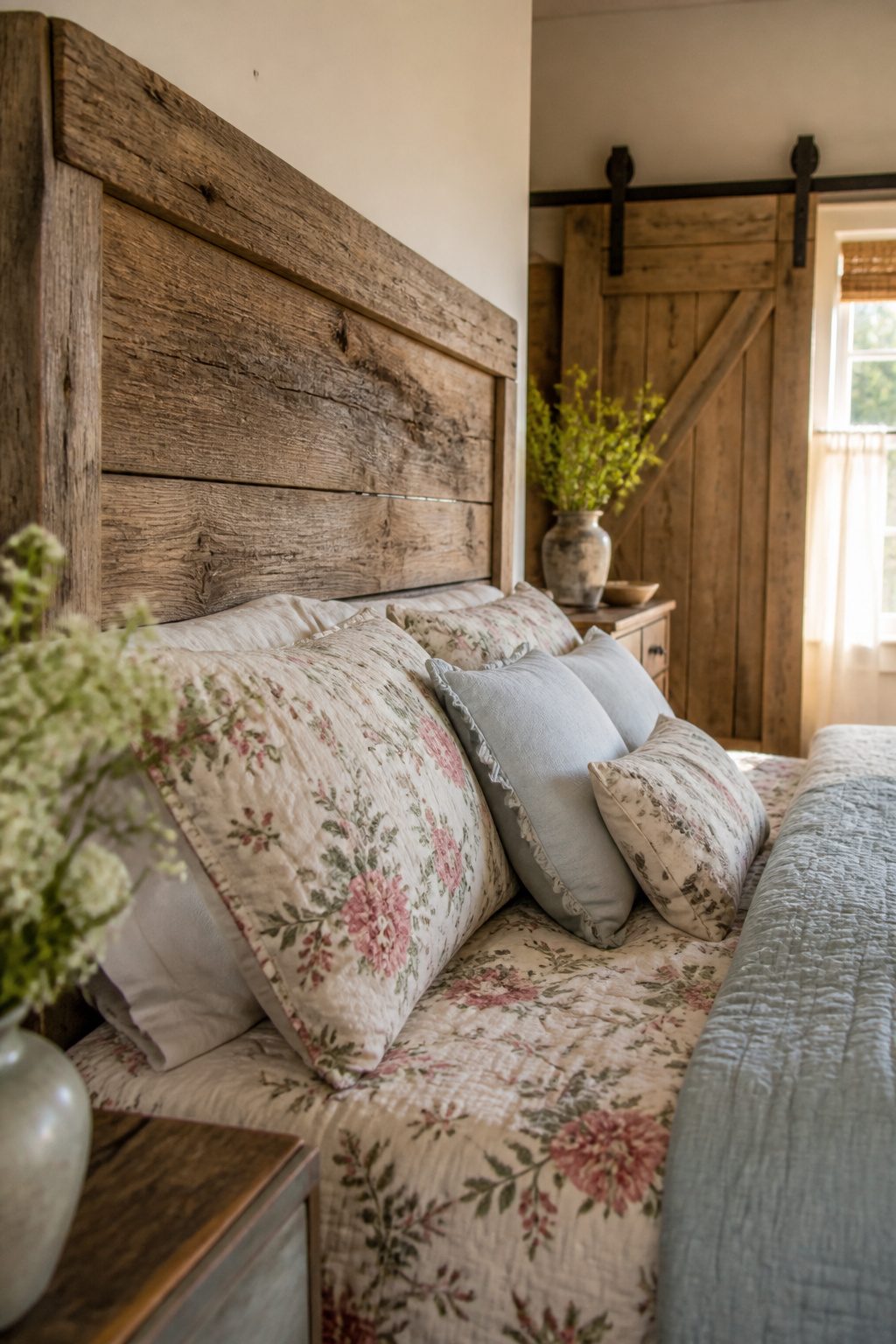 A barn wood headboard paired with floral bedding in a bedroom.