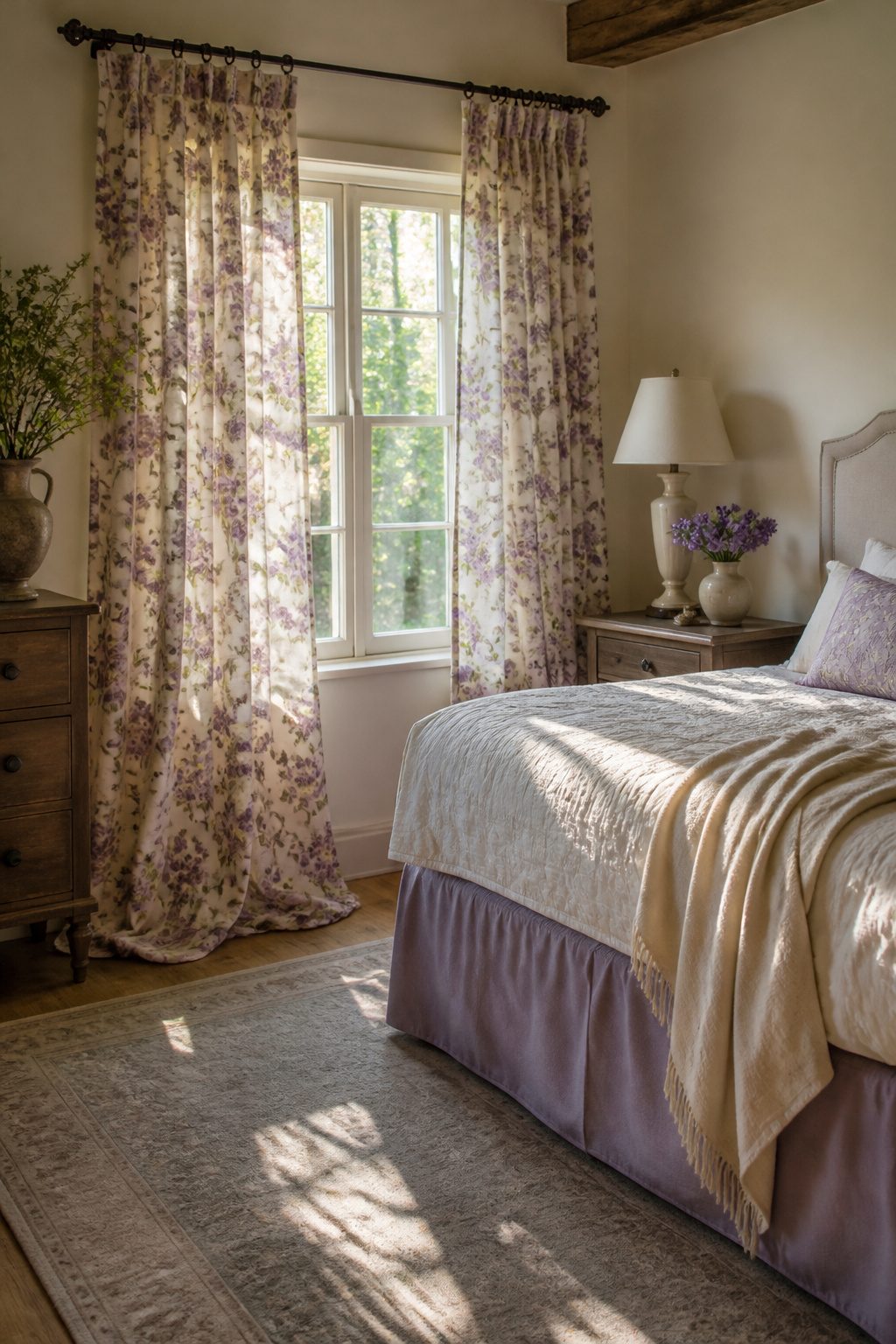 A window dressed with floral curtains in lavender and cream hues.