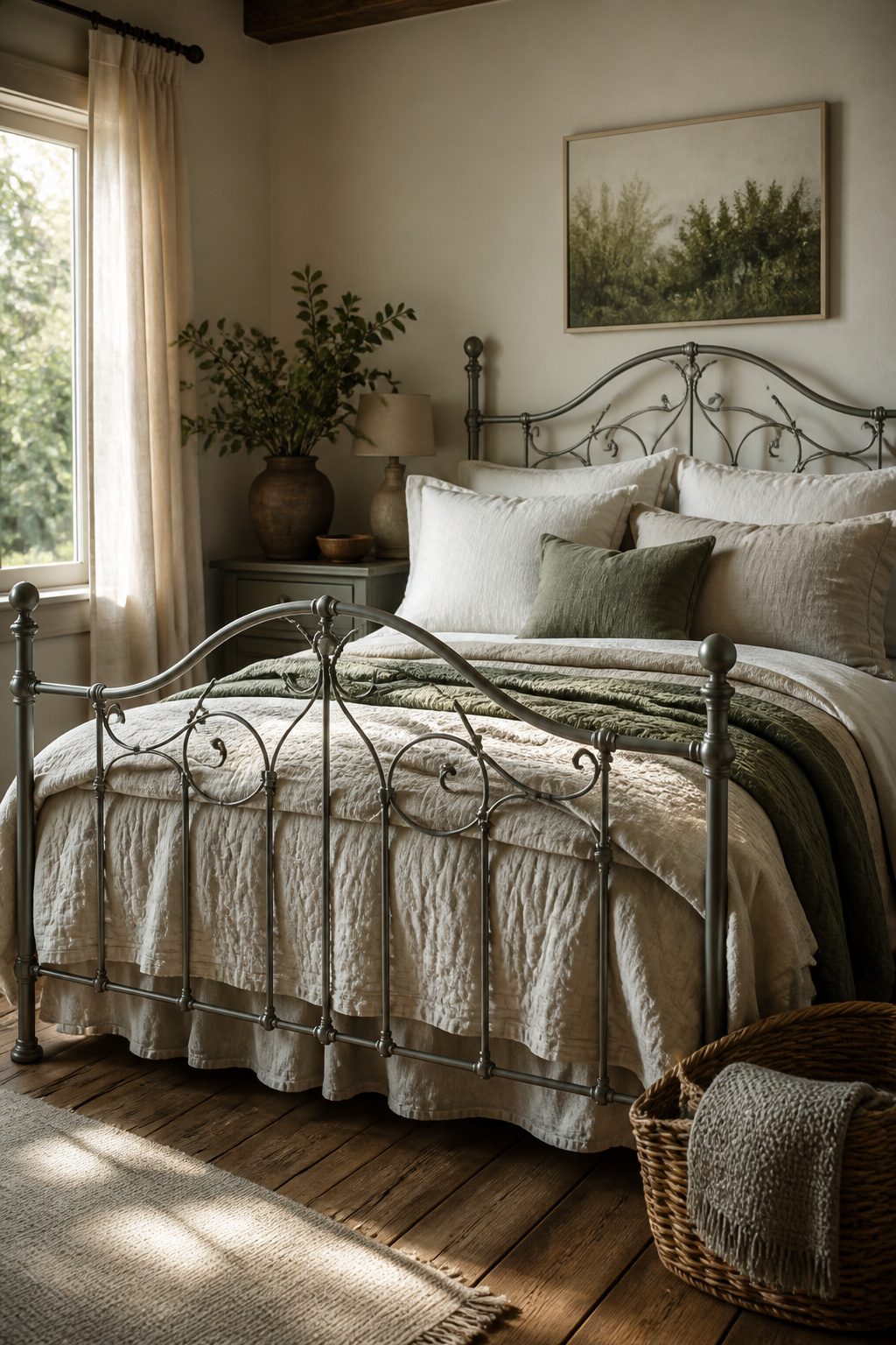 A wrought iron bedframe with curved lines in a cozy bedroom.