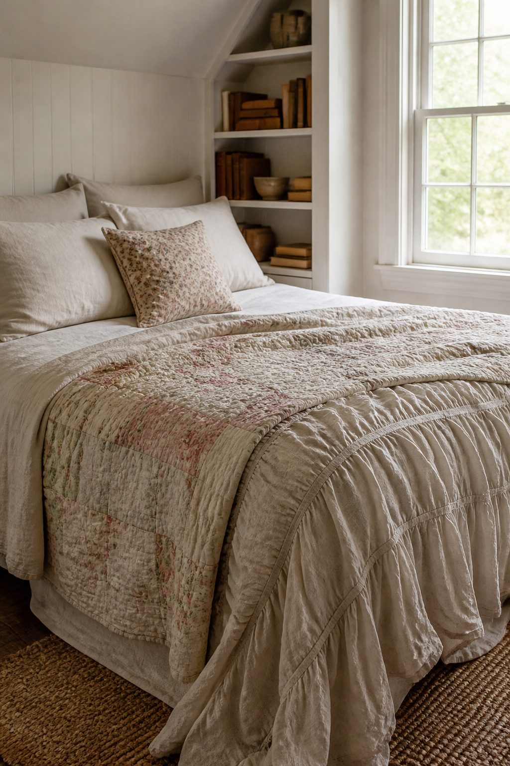 A bed dressed in linen, vintage quilt, and ruffled coverlet.