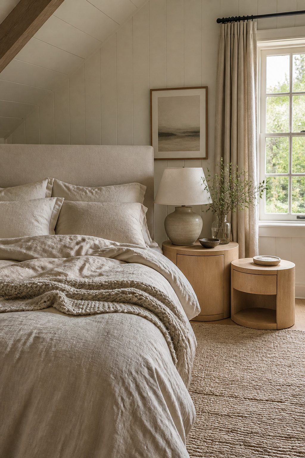 A bed with linen bedding beside light wood side tables.