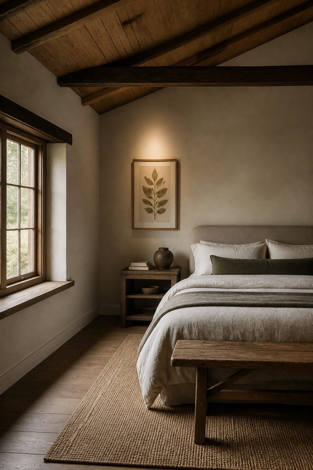 A bedroom with minimal decor, featuring a framed botanical print.