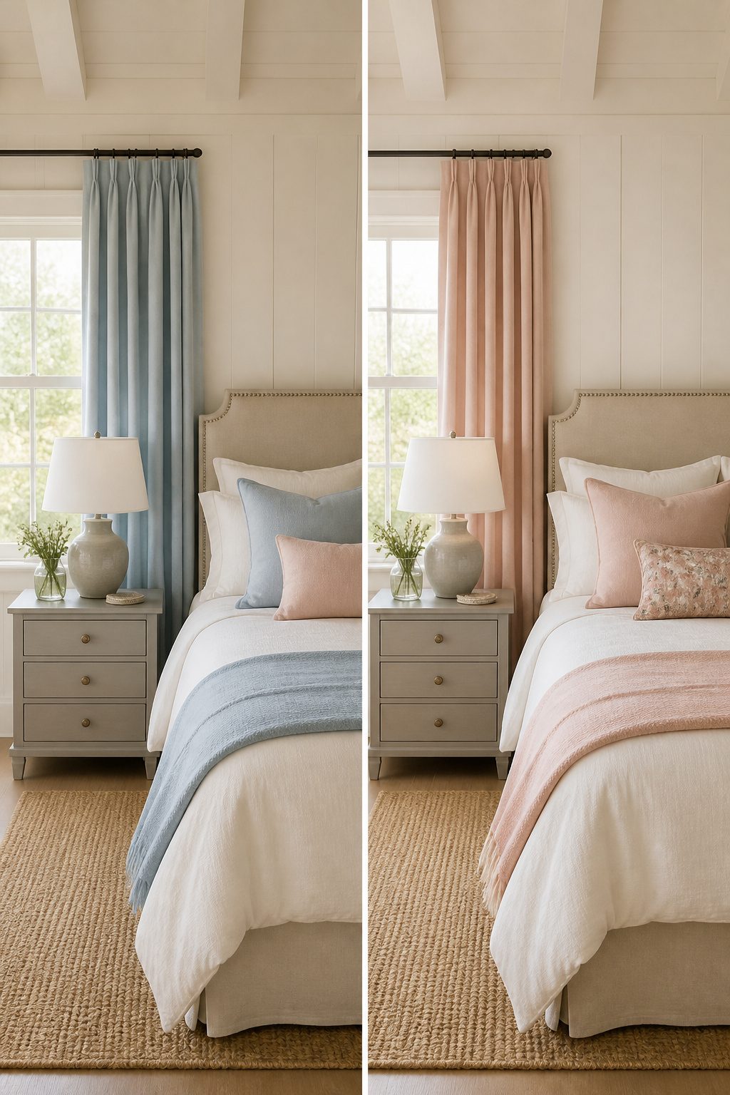A bedroom with neutral walls and pastel-colored decor accents.
