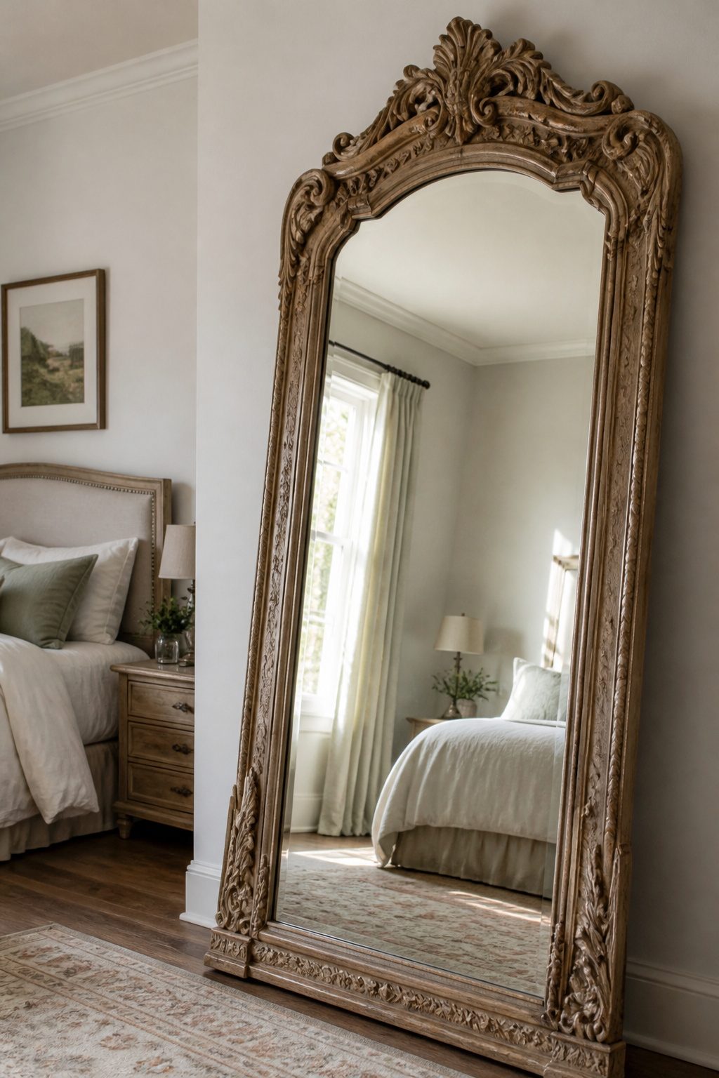 A large vintage mirror with a wooden frame in a cottage bedroom.