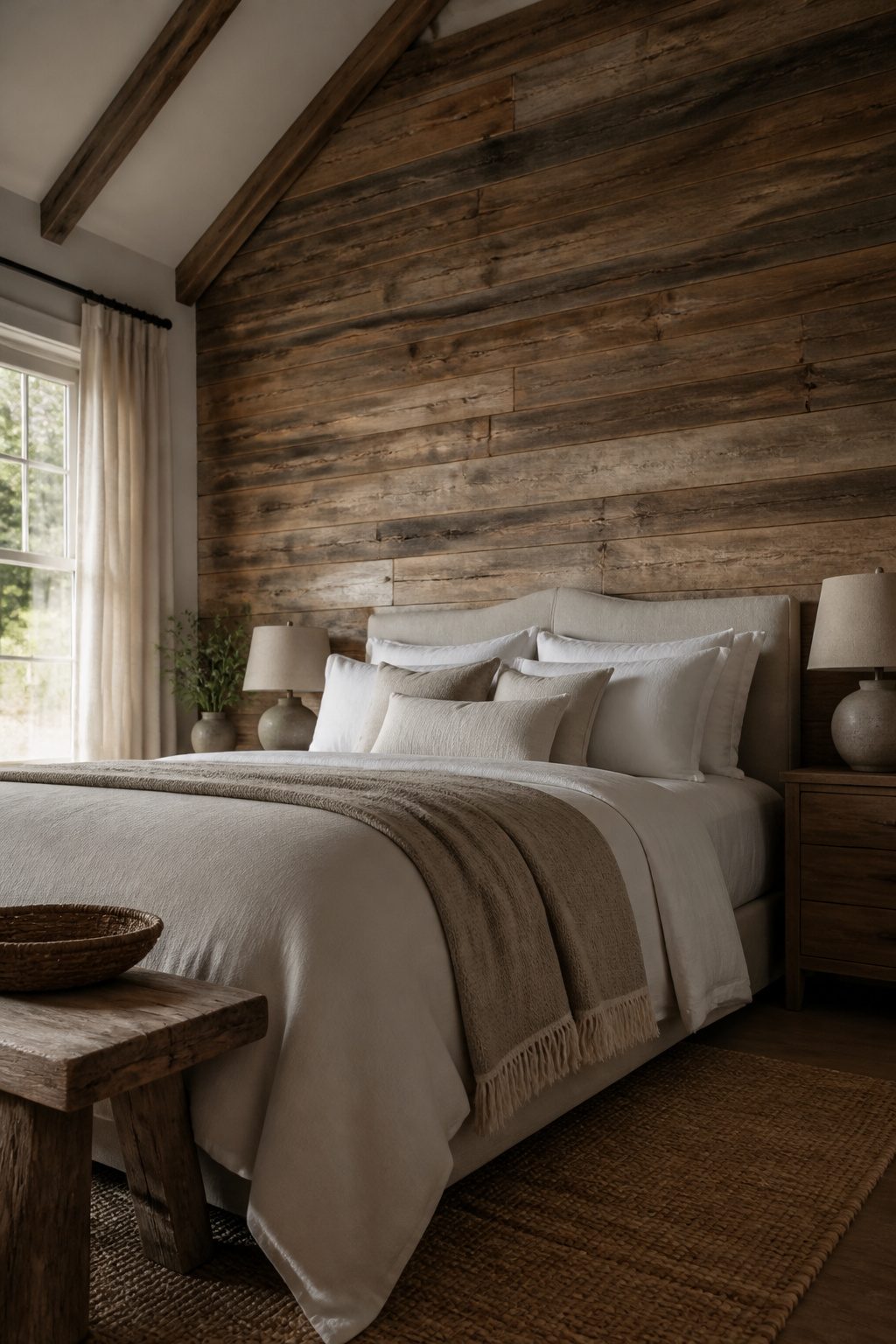A plank accent wall made of reclaimed wood behind a bed.